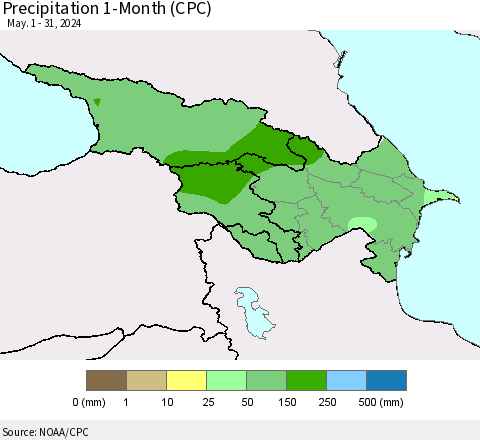 Azerbaijan, Armenia and Georgia Precipitation 1-Month (CPC) Thematic Map For 5/1/2024 - 5/31/2024
