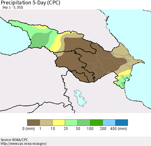 Azerbaijan, Armenia and Georgia Precipitation 5-Day (CPC) Thematic Map For 9/1/2021 - 9/5/2021