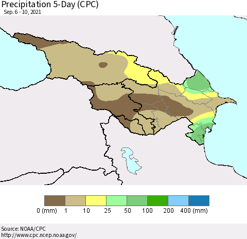 Azerbaijan, Armenia and Georgia Precipitation 5-Day (CPC) Thematic Map For 9/6/2021 - 9/10/2021