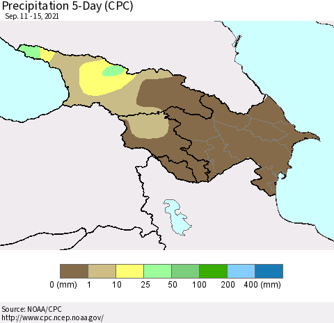 Azerbaijan, Armenia and Georgia Precipitation 5-Day (CPC) Thematic Map For 9/11/2021 - 9/15/2021