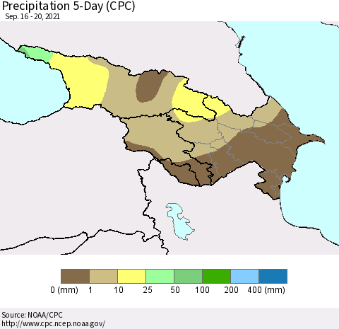 Azerbaijan, Armenia and Georgia Precipitation 5-Day (CPC) Thematic Map For 9/16/2021 - 9/20/2021