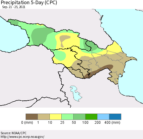 Azerbaijan, Armenia and Georgia Precipitation 5-Day (CPC) Thematic Map For 9/21/2021 - 9/25/2021