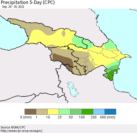 Azerbaijan, Armenia and Georgia Precipitation 5-Day (CPC) Thematic Map For 9/26/2021 - 9/30/2021