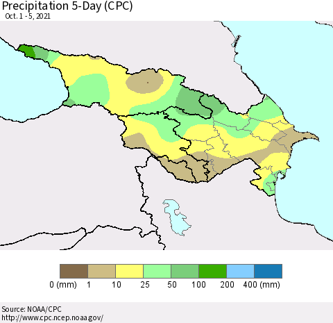 Azerbaijan, Armenia and Georgia Precipitation 5-Day (CPC) Thematic Map For 10/1/2021 - 10/5/2021
