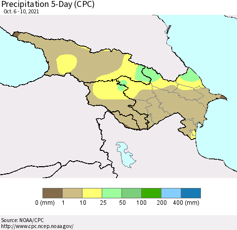 Azerbaijan, Armenia and Georgia Precipitation 5-Day (CPC) Thematic Map For 10/6/2021 - 10/10/2021