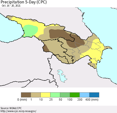 Azerbaijan, Armenia and Georgia Precipitation 5-Day (CPC) Thematic Map For 10/16/2021 - 10/20/2021