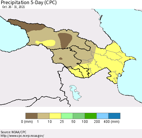 Azerbaijan, Armenia and Georgia Precipitation 5-Day (CPC) Thematic Map For 10/26/2021 - 10/31/2021