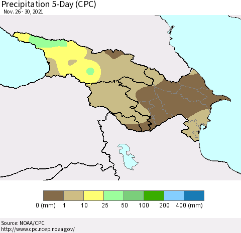 Azerbaijan, Armenia and Georgia Precipitation 5-Day (CPC) Thematic Map For 11/26/2021 - 11/30/2021
