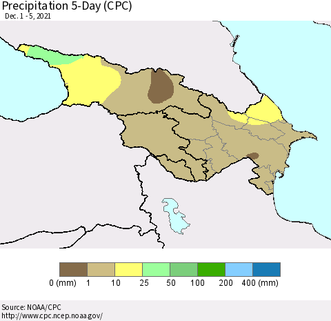 Azerbaijan, Armenia and Georgia Precipitation 5-Day (CPC) Thematic Map For 12/1/2021 - 12/5/2021