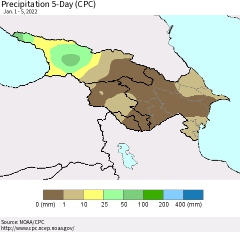 Azerbaijan, Armenia and Georgia Precipitation 5-Day (CPC) Thematic Map For 1/1/2022 - 1/5/2022