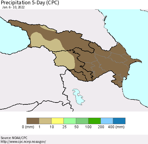 Azerbaijan, Armenia and Georgia Precipitation 5-Day (CPC) Thematic Map For 1/6/2022 - 1/10/2022