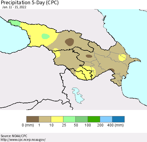 Azerbaijan, Armenia and Georgia Precipitation 5-Day (CPC) Thematic Map For 1/11/2022 - 1/15/2022