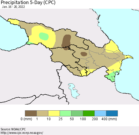 Azerbaijan, Armenia and Georgia Precipitation 5-Day (CPC) Thematic Map For 1/16/2022 - 1/20/2022