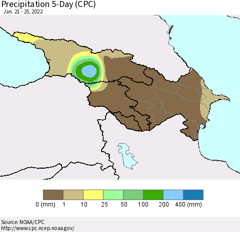 Azerbaijan, Armenia and Georgia Precipitation 5-Day (CPC) Thematic Map For 1/21/2022 - 1/25/2022