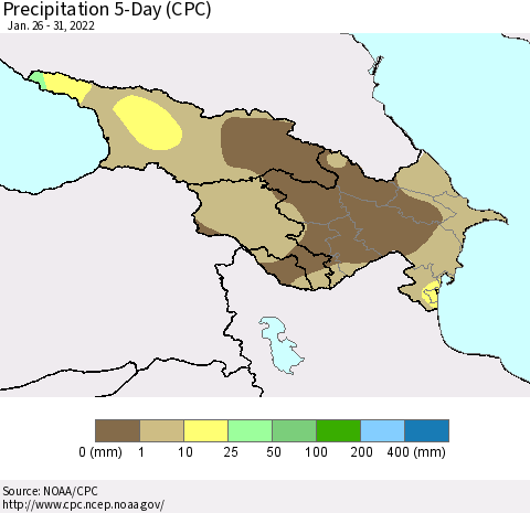 Azerbaijan, Armenia and Georgia Precipitation 5-Day (CPC) Thematic Map For 1/26/2022 - 1/31/2022