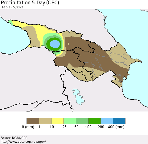 Azerbaijan, Armenia and Georgia Precipitation 5-Day (CPC) Thematic Map For 2/1/2022 - 2/5/2022