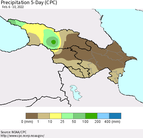 Azerbaijan, Armenia and Georgia Precipitation 5-Day (CPC) Thematic Map For 2/6/2022 - 2/10/2022