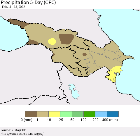 Azerbaijan, Armenia and Georgia Precipitation 5-Day (CPC) Thematic Map For 2/11/2022 - 2/15/2022