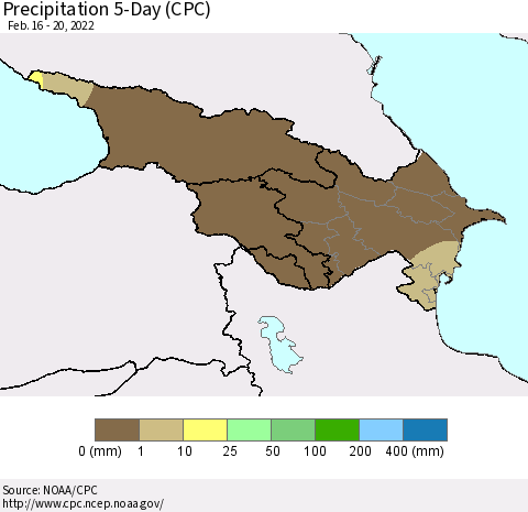 Azerbaijan, Armenia and Georgia Precipitation 5-Day (CPC) Thematic Map For 2/16/2022 - 2/20/2022