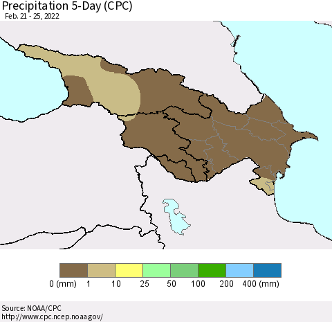 Azerbaijan, Armenia and Georgia Precipitation 5-Day (CPC) Thematic Map For 2/21/2022 - 2/25/2022