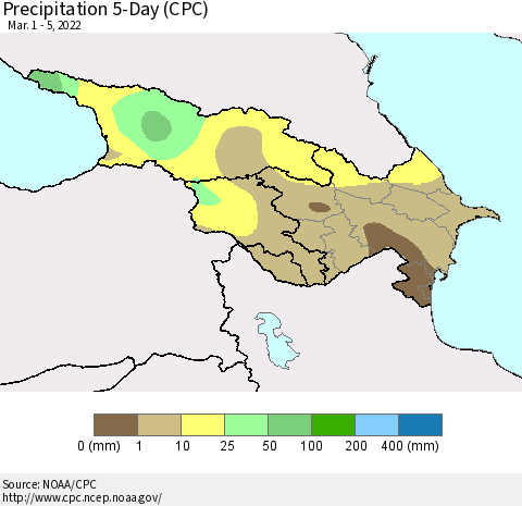 Azerbaijan, Armenia and Georgia Precipitation 5-Day (CPC) Thematic Map For 3/1/2022 - 3/5/2022
