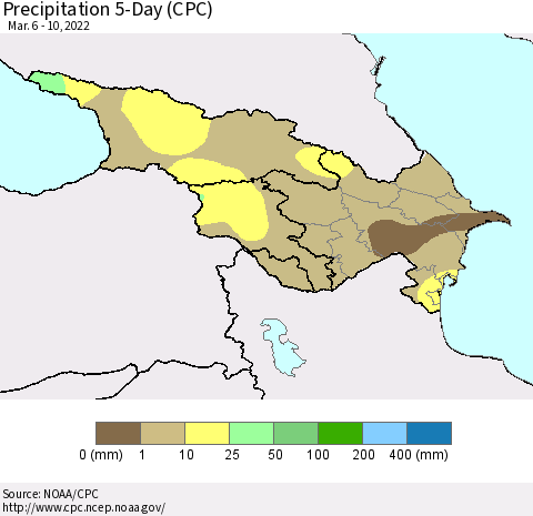 Azerbaijan, Armenia and Georgia Precipitation 5-Day (CPC) Thematic Map For 3/6/2022 - 3/10/2022