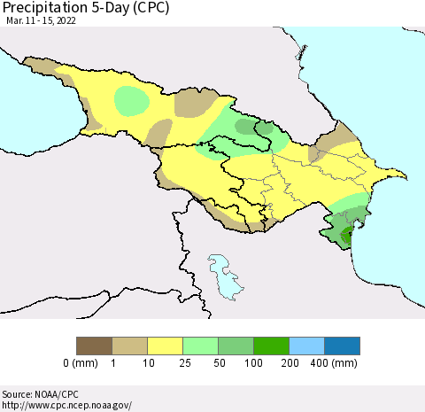 Azerbaijan, Armenia and Georgia Precipitation 5-Day (CPC) Thematic Map For 3/11/2022 - 3/15/2022