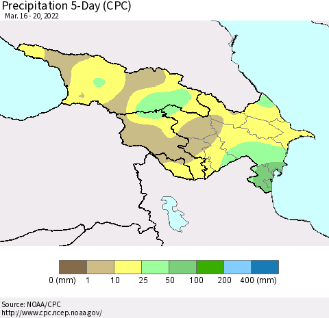 Azerbaijan, Armenia and Georgia Precipitation 5-Day (CPC) Thematic Map For 3/16/2022 - 3/20/2022