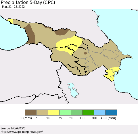 Azerbaijan, Armenia and Georgia Precipitation 5-Day (CPC) Thematic Map For 3/21/2022 - 3/25/2022