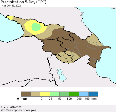 Azerbaijan, Armenia and Georgia Precipitation 5-Day (CPC) Thematic Map For 3/26/2022 - 3/31/2022