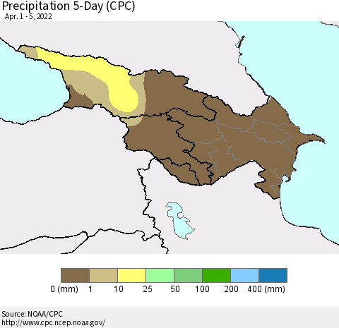 Azerbaijan, Armenia and Georgia Precipitation 5-Day (CPC) Thematic Map For 4/1/2022 - 4/5/2022