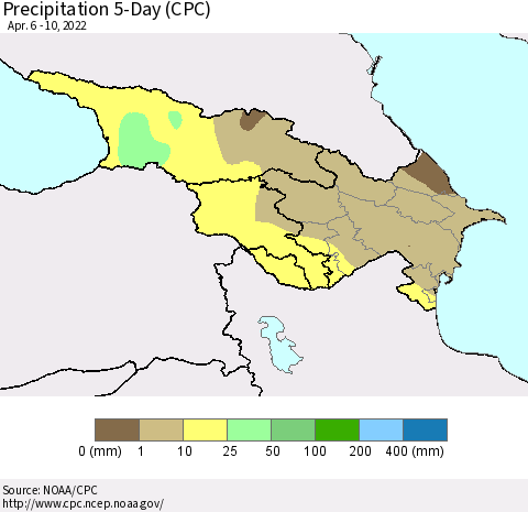 Azerbaijan, Armenia and Georgia Precipitation 5-Day (CPC) Thematic Map For 4/6/2022 - 4/10/2022
