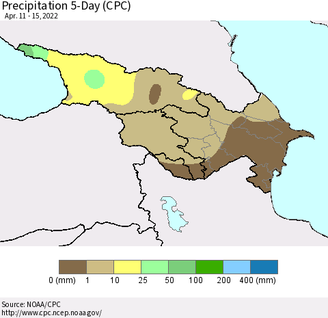 Azerbaijan, Armenia and Georgia Precipitation 5-Day (CPC) Thematic Map For 4/11/2022 - 4/15/2022