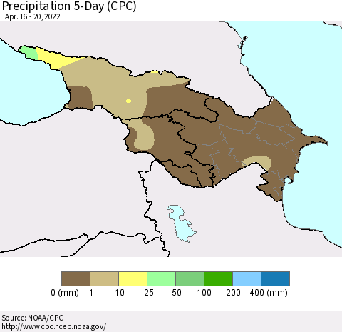 Azerbaijan, Armenia and Georgia Precipitation 5-Day (CPC) Thematic Map For 4/16/2022 - 4/20/2022