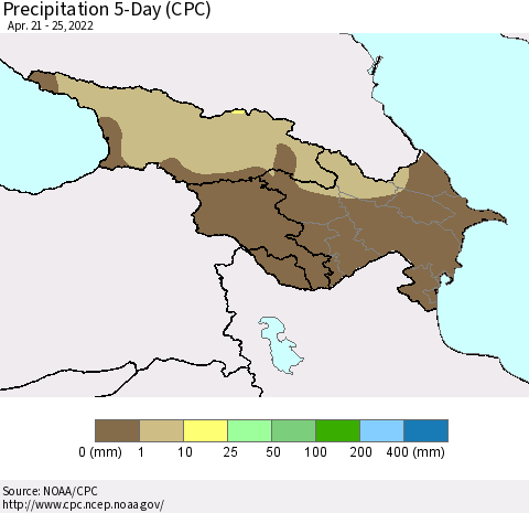 Azerbaijan, Armenia and Georgia Precipitation 5-Day (CPC) Thematic Map For 4/21/2022 - 4/25/2022