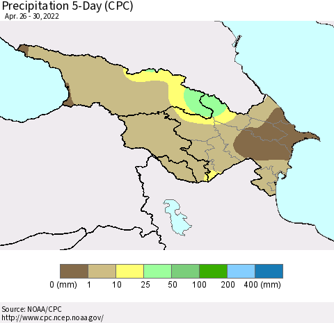 Azerbaijan, Armenia and Georgia Precipitation 5-Day (CPC) Thematic Map For 4/26/2022 - 4/30/2022