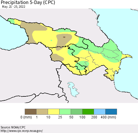 Azerbaijan, Armenia and Georgia Precipitation 5-Day (CPC) Thematic Map For 5/21/2022 - 5/25/2022