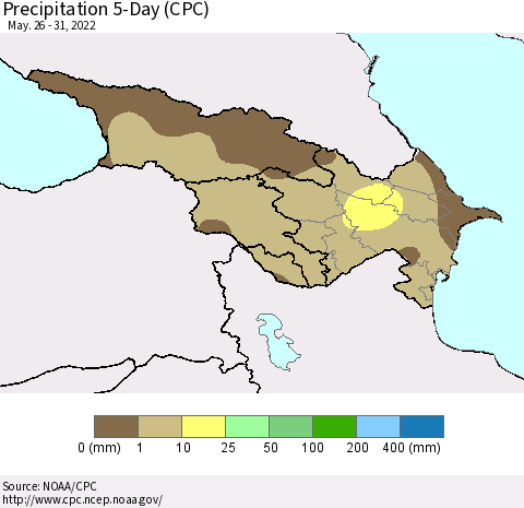 Azerbaijan, Armenia and Georgia Precipitation 5-Day (CPC) Thematic Map For 5/26/2022 - 5/31/2022