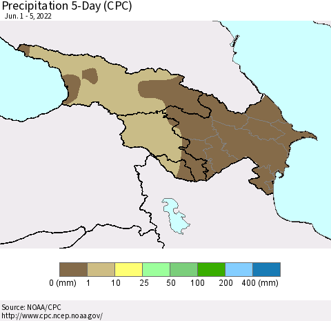 Azerbaijan, Armenia and Georgia Precipitation 5-Day (CPC) Thematic Map For 6/1/2022 - 6/5/2022