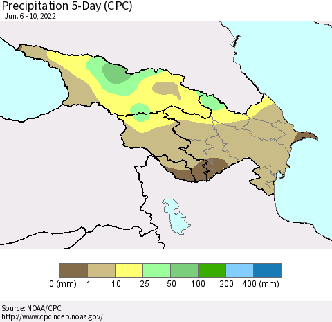 Azerbaijan, Armenia and Georgia Precipitation 5-Day (CPC) Thematic Map For 6/6/2022 - 6/10/2022