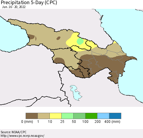 Azerbaijan, Armenia and Georgia Precipitation 5-Day (CPC) Thematic Map For 6/16/2022 - 6/20/2022