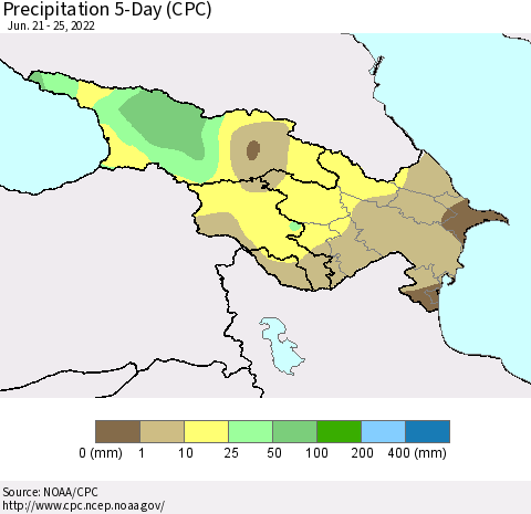 Azerbaijan, Armenia and Georgia Precipitation 5-Day (CPC) Thematic Map For 6/21/2022 - 6/25/2022