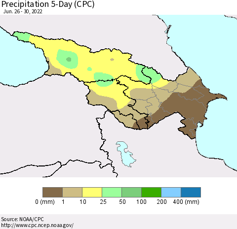 Azerbaijan, Armenia and Georgia Precipitation 5-Day (CPC) Thematic Map For 6/26/2022 - 6/30/2022