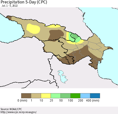 Azerbaijan, Armenia and Georgia Precipitation 5-Day (CPC) Thematic Map For 7/1/2022 - 7/5/2022