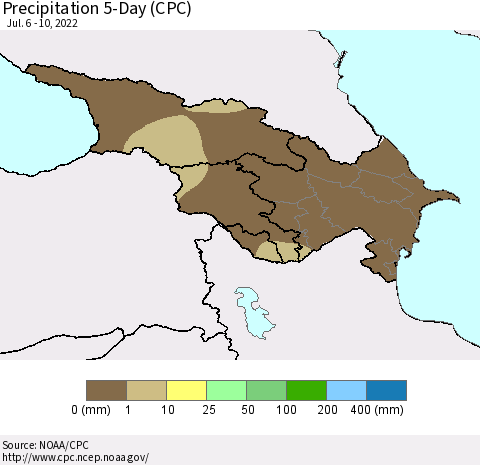 Azerbaijan, Armenia and Georgia Precipitation 5-Day (CPC) Thematic Map For 7/6/2022 - 7/10/2022