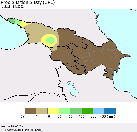 Azerbaijan, Armenia and Georgia Precipitation 5-Day (CPC) Thematic Map For 7/11/2022 - 7/15/2022
