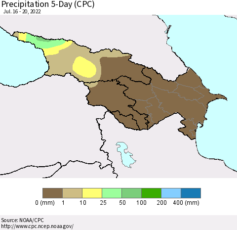 Azerbaijan, Armenia and Georgia Precipitation 5-Day (CPC) Thematic Map For 7/16/2022 - 7/20/2022