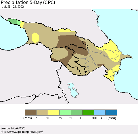 Azerbaijan, Armenia and Georgia Precipitation 5-Day (CPC) Thematic Map For 7/21/2022 - 7/25/2022