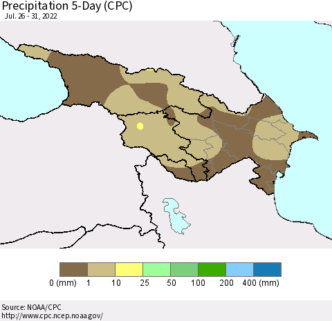 Azerbaijan, Armenia and Georgia Precipitation 5-Day (CPC) Thematic Map For 7/26/2022 - 7/31/2022