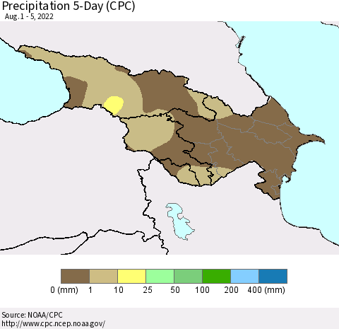 Azerbaijan, Armenia and Georgia Precipitation 5-Day (CPC) Thematic Map For 8/1/2022 - 8/5/2022